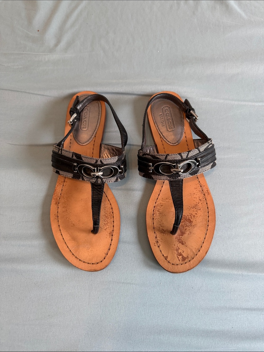 Coach Black Leather & Signature Canvas T-Strap Sandals